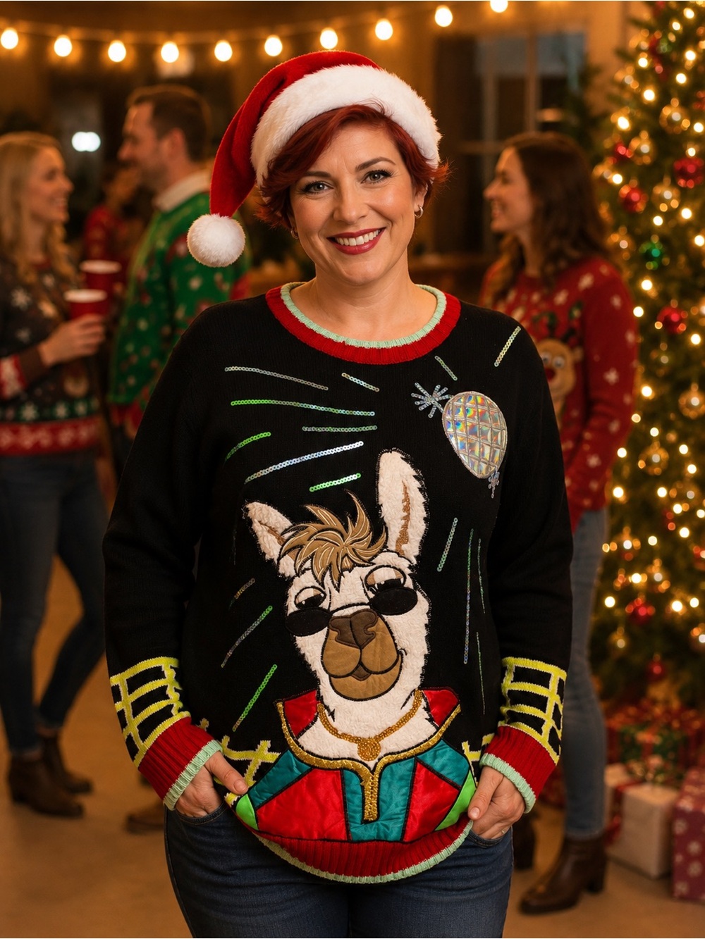 Tacky Ugly Christmas Sweater Llama Wearing Gold Necklace Woman’s Size S NWT